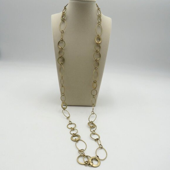 Vintage Gold Tone Long Statement Necklace Oval Circle Link Chain Adjustable - Picture 2 of 6